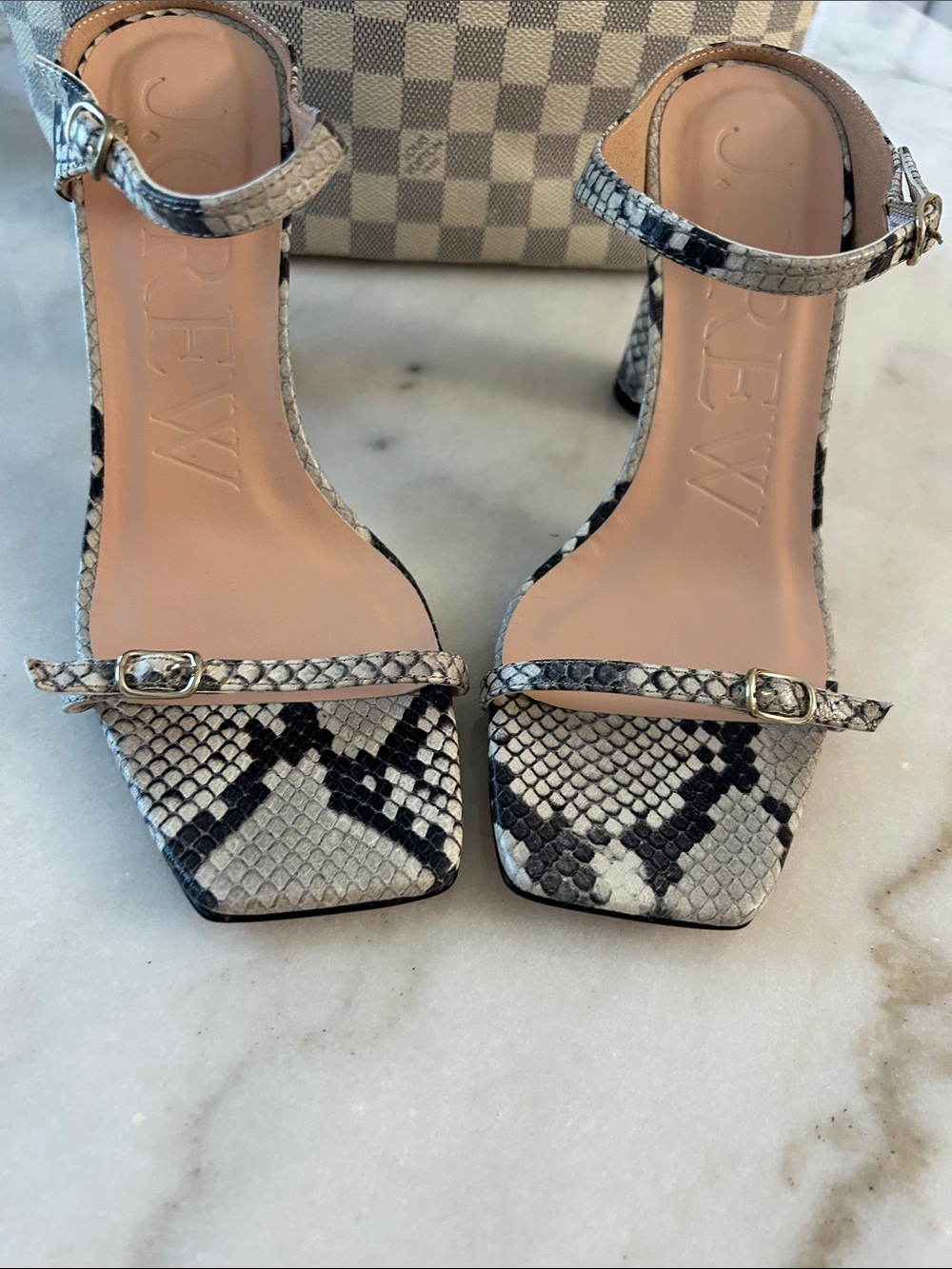 J. Crew Snake-Print Ankle-Strap Heels in Black and White